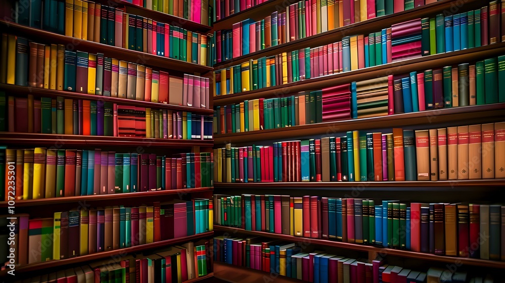 Modern library shelves filled with colorful books arranged in rainbow pattern, creating vibrant background perfect for education, reading culture and interior design concepts. Modern library shelves filled with colorful books arranged in rainbow pattern, creating vibrant background perfect for education, reading culture and interior design concepts.