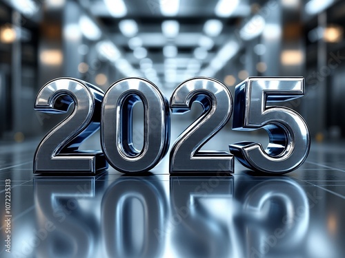 3D liquid metal font 2025 with a reflective surface against a sleek industrial backdrop