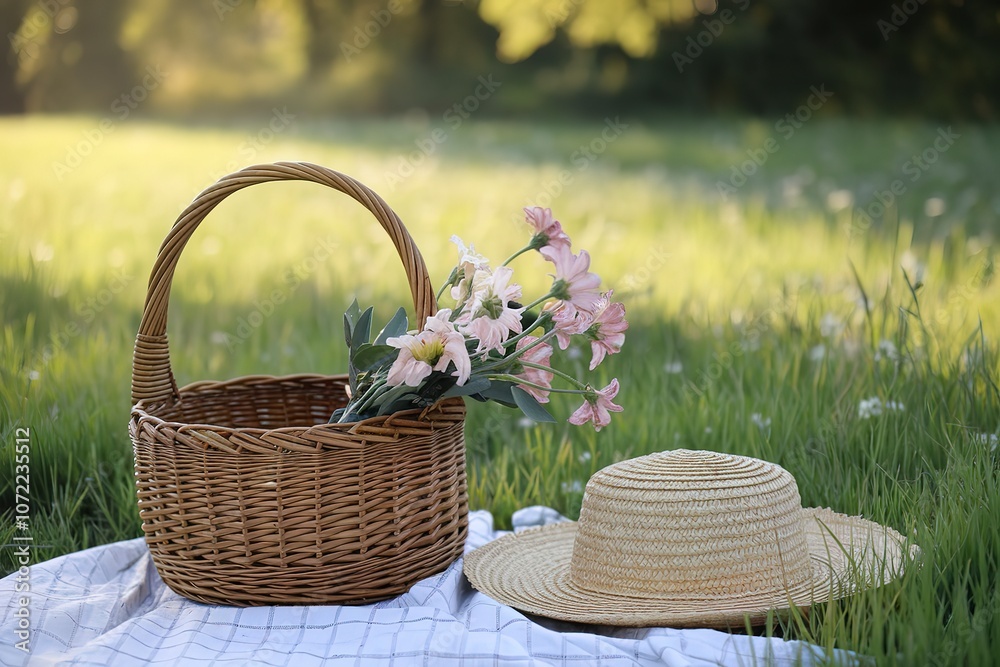 A photo of a serene outdoor setting with a wicker basket placed on a checkered cloth A photo of a serene outdoor setting with a wicker basket placed on a checkered cloth