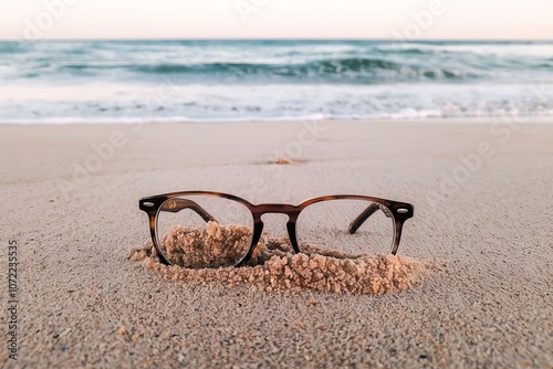A photo of glasses lying on the sand at the beach