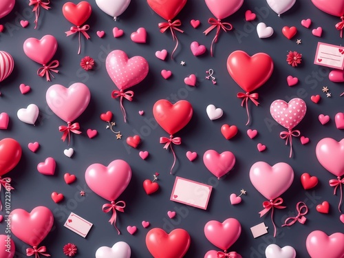 Playful 3D Pattern of Heart Balloons, Pink Ribbons, and Love Notes, Creating a Fun and Festive Valentine's Day Background