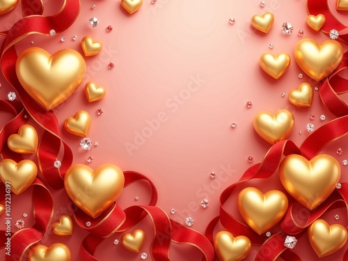A Luxurious 3D Pattern Featuring Gold Hearts, Red Velvet Ribbons, and Diamonds, Creating an Opulent Valentine's Day Design for Premium Holiday Projects