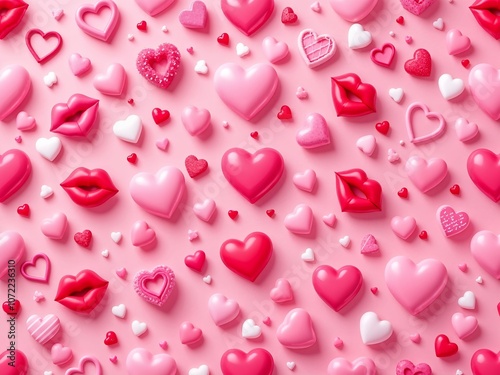 A Playful 3D Pattern Featuring Pink Hearts, Red Lips, and Candy Hearts, Perfect for Fun and Sweet Valentine's Day Designs