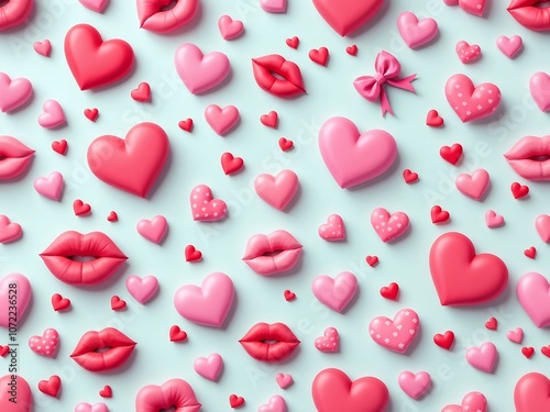 A Playful 3D Pattern Featuring Pink Hearts, Red Lips, and Cupid's Bow, Perfect for Fun and Flirty Valentine's Day Designs