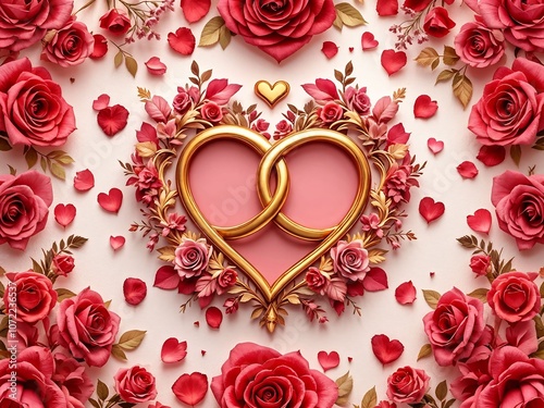 An Elegant 3D Pattern of Intertwined Hearts, Rose Petals, and Golden Rings, Symbolizing Eternal Love and Romance, Perfect for Couples-Themed Designs