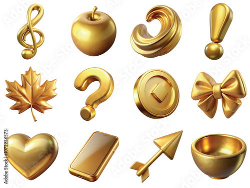 Collection of 3d golden objects including treble clef, apple, maple leaf, bow, heart, smartphone, arrow, exclamation mark, question mark