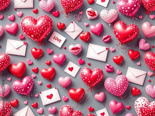 A Fun 3D Pattern of Heart Balloons, Love Letters, and Kissing Lips, Celebrating Young Love and Romance, Perfect for Couples-Themed Invitations or Social Media Graphics