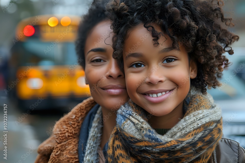 Portrait of smiling African American mother and young son outside with yellow school bus in background perfect for education and family lifestyle themes. Portrait of smiling African American mother and young son outside with yellow school bus in background perfect for education and family lifestyle themes.