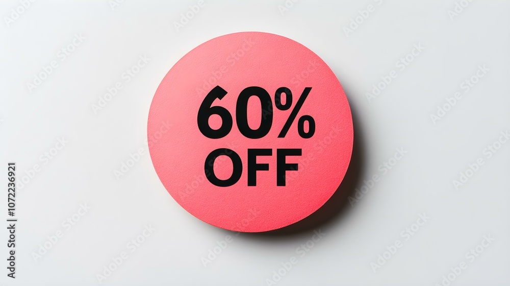 Black '60% OFF' Text on a Ruby Round Paper Note. White Background with Copy Space Black '60% OFF' Text on a Ruby Round Paper Note. White Background with Copy Space