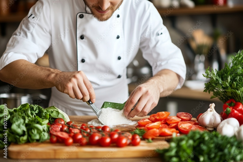 Chef Preparing Fresh Ingredients in Upscale Kitchen Chef Preparing Fresh Ingredients in Upscale Kitchen
