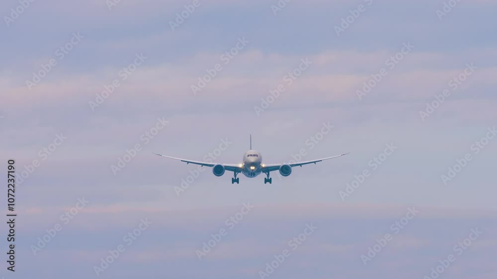 Passenger unknown plane approaching landing. Plane in the sky, front view Passenger unknown plane approaching landing. Plane in the sky, front view
