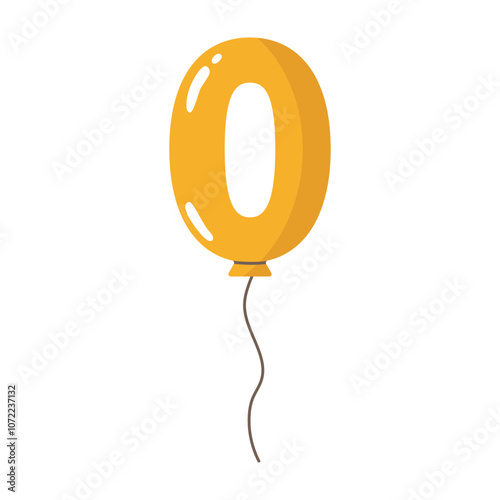 Yellow balloon shaped as number one with string.Birthday party flat decoration,celebration festive symbol,numeric holiday design.Isolated.Vector illustration.
