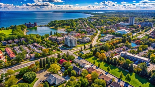 Expansive Bird's-Eye View of Bronte in Oakville, Canada: Urban Exploration Photography Capturing Scenic Landscapes, Waterfronts, and Architecture from Above photo