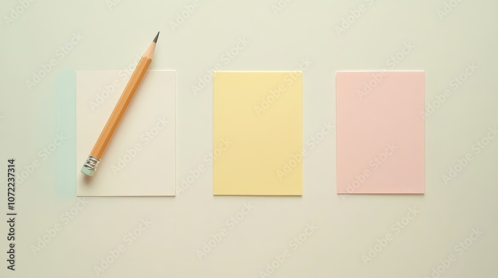 Flatlay of three pastel-colored sticky notes in a row, with a pencil diagonally placed, on a light background. Flatlay of three pastel-colored sticky notes in a row, with a pencil diagonally placed, on a light background.