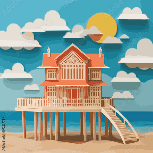 Beach hut or bungalow at night on tropical island summer shack with glow window under full moon starry sky at ocean coastline, wooden house on piles with terrace near sea, Cartoon vector illustration.