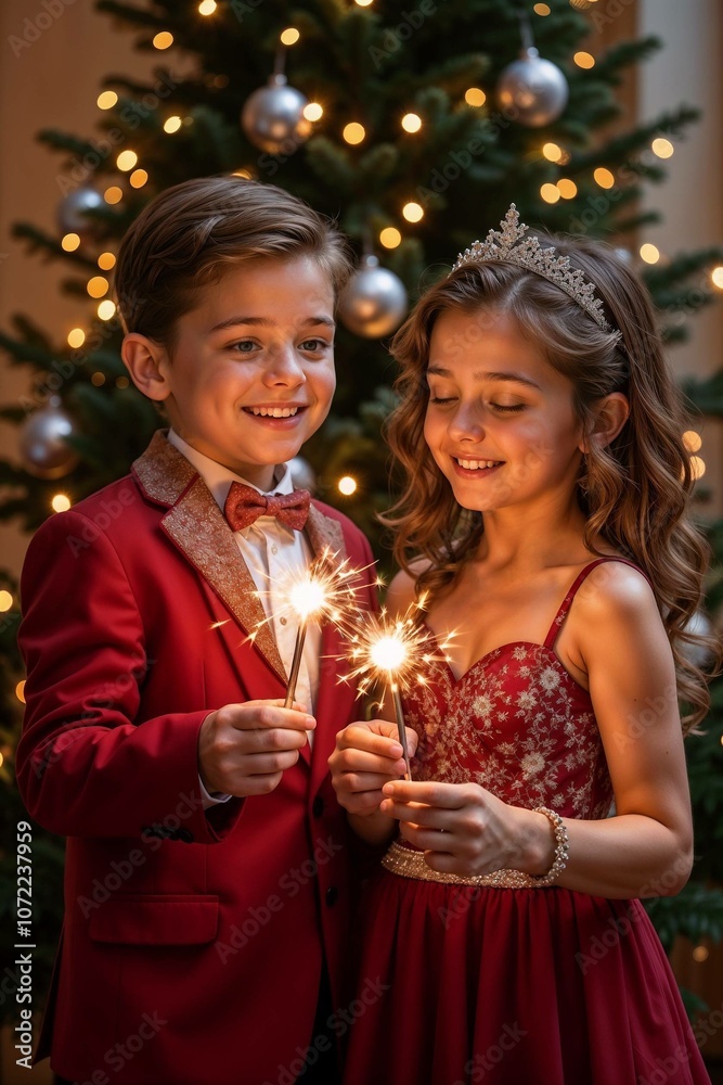Smiling children in festive outfits holding sparklers near a Christmas tree Smiling children in festive outfits holding sparklers near a Christmas tree