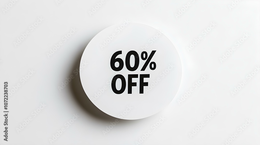 Black '60% OFF' Text on a White Round Paper Note. White Background with Copy Space Black '60% OFF' Text on a White Round Paper Note. White Background with Copy Space