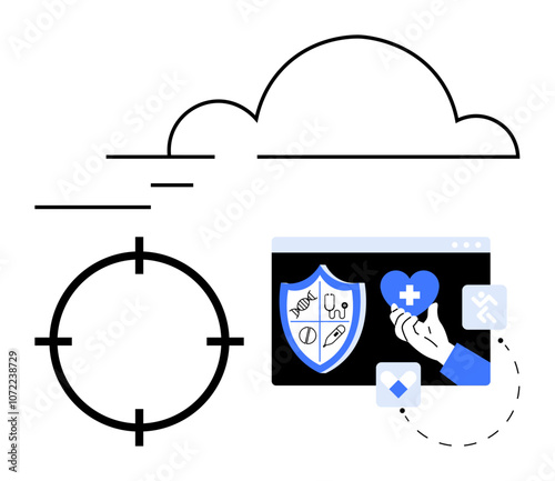 Cloud graphic, crosshair icon, computer screen with healthcare shield, hand holding heart. Ideal for tech, health, data security, cloud computing medical updates digital health online care. Line