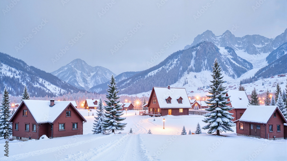 Snow-covered village with mountain backdrop at dusk
Snow-covered village with mountain backdrop at dusk