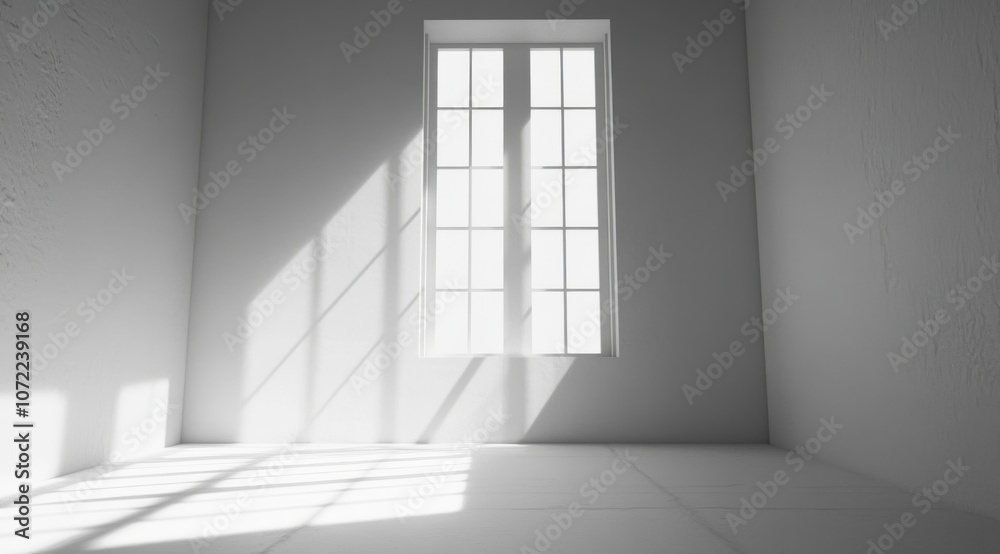 Obraz premium 3D rendering of an empty white room with a window and a sunlight shadow on the wall. 