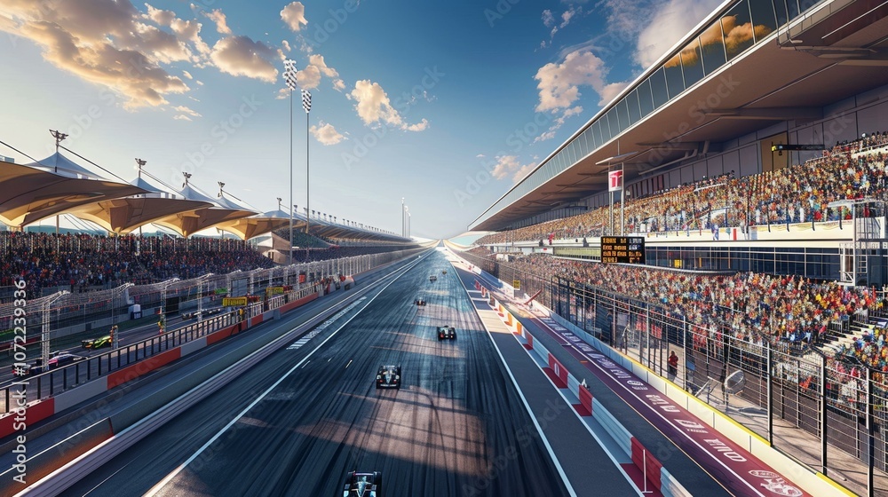 Fototapeta premium Formula One cars racing on a track with spectators in the stands