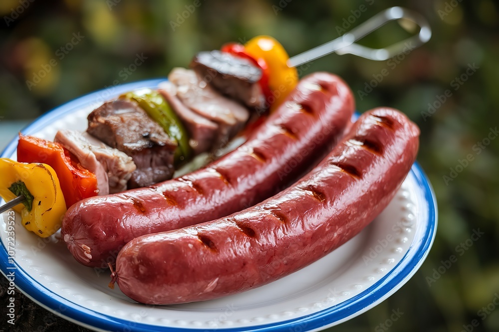 a plate with two , red sausages with visible grill marks a plate with two , red sausages with visible grill marks