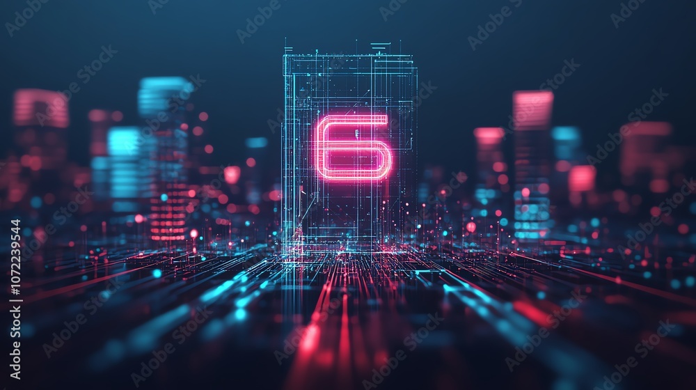 Fototapeta premium Futuristic digital city with glowing number six