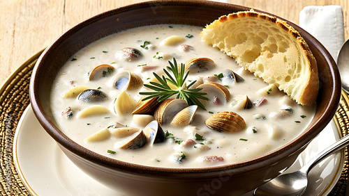 Clam chowder soup, warm soup meal, ai gernerated photo