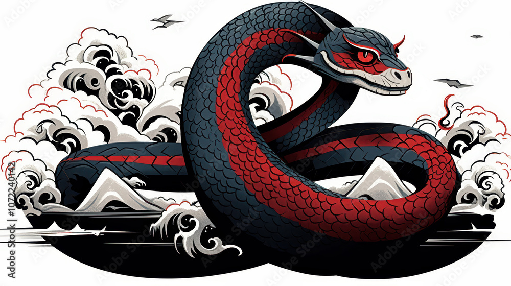 Obraz premium Stylized illustration of a snake with abstract scales, traditional Chinese art motif. Year of the Snake.