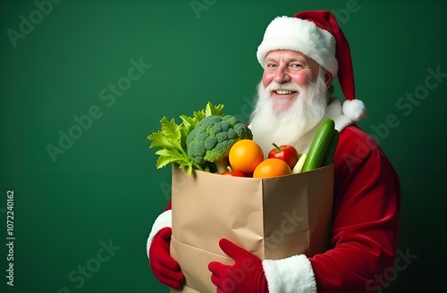Santa Claus with a Bag of Fresh Vegetables and Fruits on a Green Background