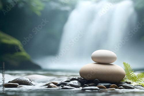 Serene Waterfall Scene with Smooth Stones from Nature, Showcasing Tranquility and Balance in a Calm and Peaceful Environment with Lush Greenery in the Background photo