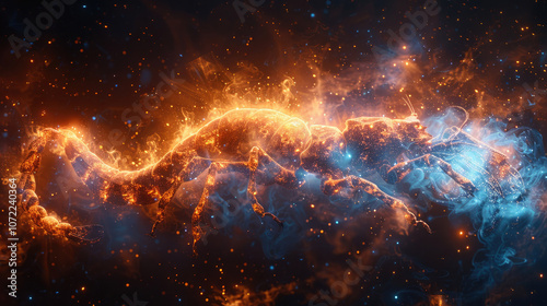 fire scorpio, zodiac sign with blue and red fire, on dark starry sky, constellation background