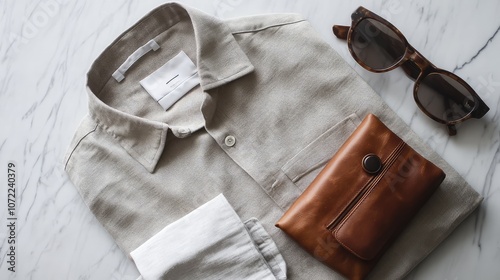 Linen shirt and chinos laid flat with minimalist leather accessories, captured on a marble background.