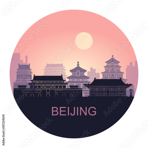 Abstract panorama of Beijing at sunrise. Architectural monuments in the shape of a circle