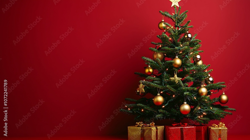 Christmas tree featuring gold baubles and sprigs of red berries against a lively red background, creating a charming and festive holiday scene. Christmas tree featuring gold baubles and sprigs of red berries against a lively red background, creating a charming and festive holiday scene.