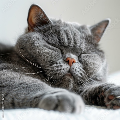 A gray shorthair cat is sleeping on a white blanket photo