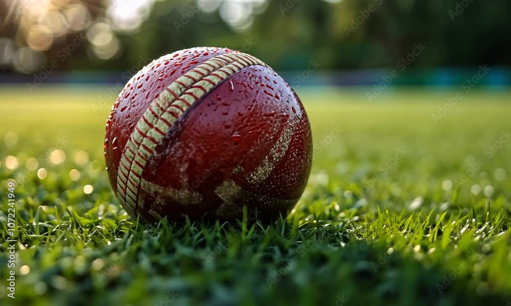 A close-up of a wet cricket ball on grassy ground.