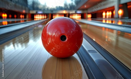A close-up of a vibrant orange bowling ball on a polished lane.
