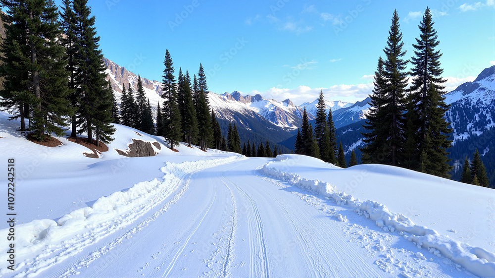 Obraz premium Snowy Mountain Road Through Winter Pine Forest
