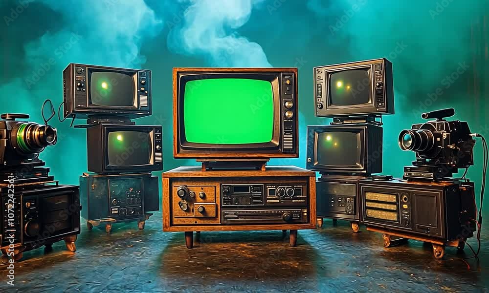 A retro setup of vintage televisions with a green screen.