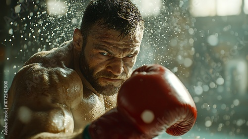 Dynamic High-Speed Action Shot of a Boxer in Motion Capturing Intensity and Power in the Ring with Splashing Water Effects photo