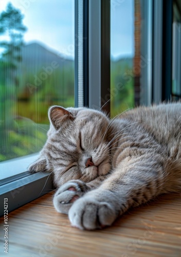 A cute gray cat is sleeping on the wooden floor in front of the floor-to-ceiling windows. photo