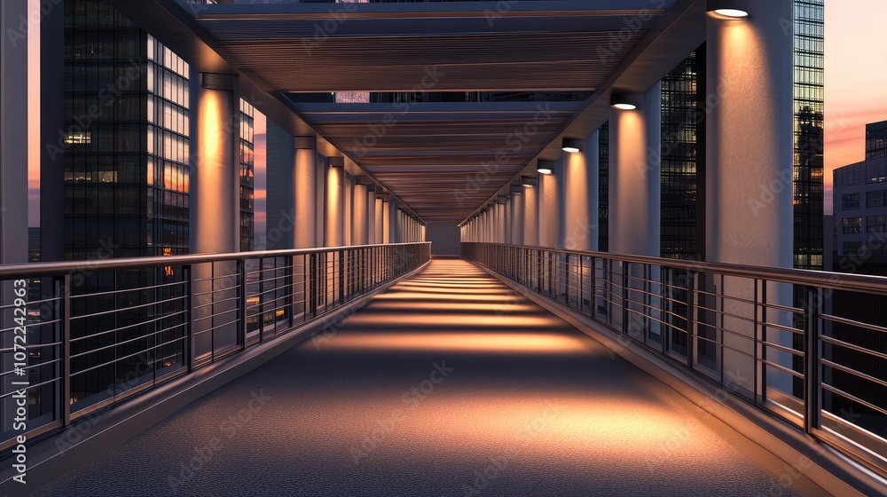 Fototapeta premium Empty pedestrian bridge at dawn, with soft lighting and clean lines for a minimalist city vibe.