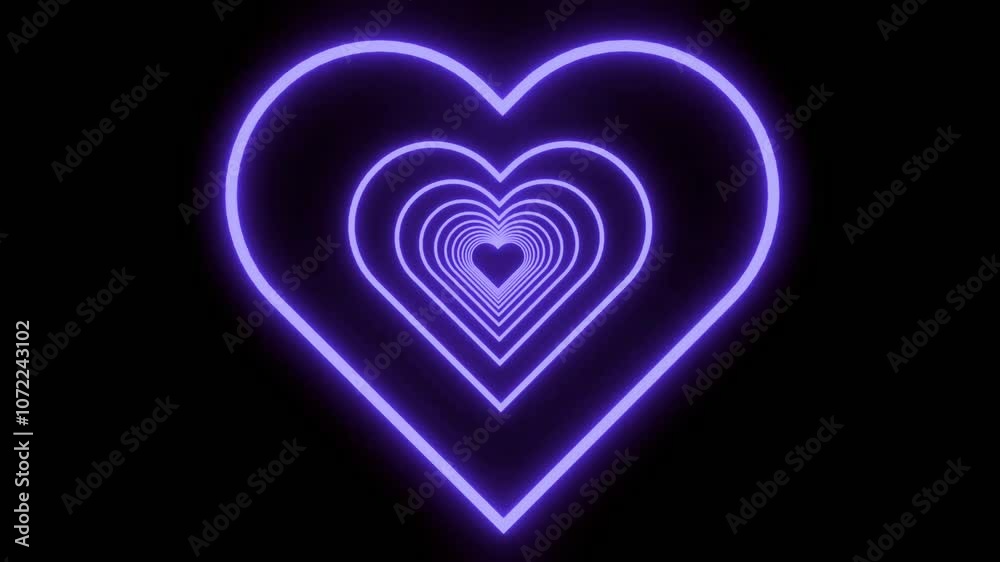 light purple heart shapes neon tunnel on black background.