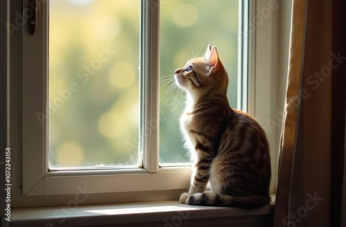 Cat chirping or chattering. Cute kitty sitting on windowsill while vocalizing with mouth wide open. Concept for why cats chirp sounds or cat talking. Selective focus with defocused reflection.