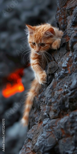 Orange Kitten Climbing on a Rock with Lava in the Background