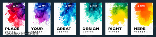Set of A4 bright vector colorful watercolor background templates for poster, brochure or flyer