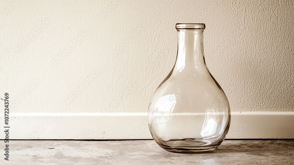 Elegant Glass Vase Resting on a Floor, Leaning Gently Against the Wall, Showcasing Minimalist Design in Natural Lighting Elegant Glass Vase Resting on a Floor, Leaning Gently Against the Wall, Showcasing Minimalist Design in Natural Lighting
