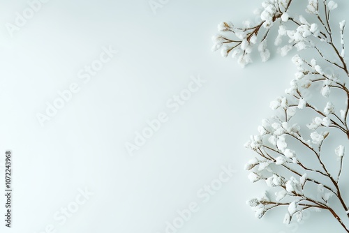 Snow-covered tree branches against a blank white background, winter still life, minimalist nature scene, frosty landscape, copy space on left side photo