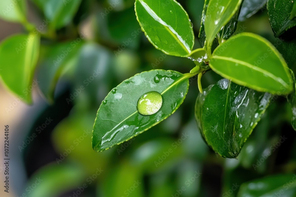 Green Leaf with Water Droplet in Nature Setting Green Leaf with Water Droplet in Nature Setting